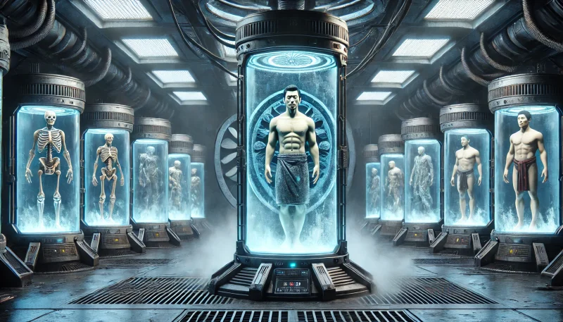 冷凍睡眠状態でカプセル内に収容された日本人男性。背景にはエイリアンの技術を思わせる施設が広がり、他のカプセルには異なる時代の戦士たちが封印されている。