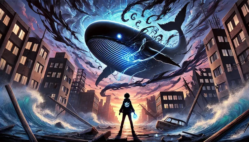 闇のエネルギーに包まれた巨大な鯨の影と、それに立ち向かう少年が対峙するアニメ風のクライマックスシーン