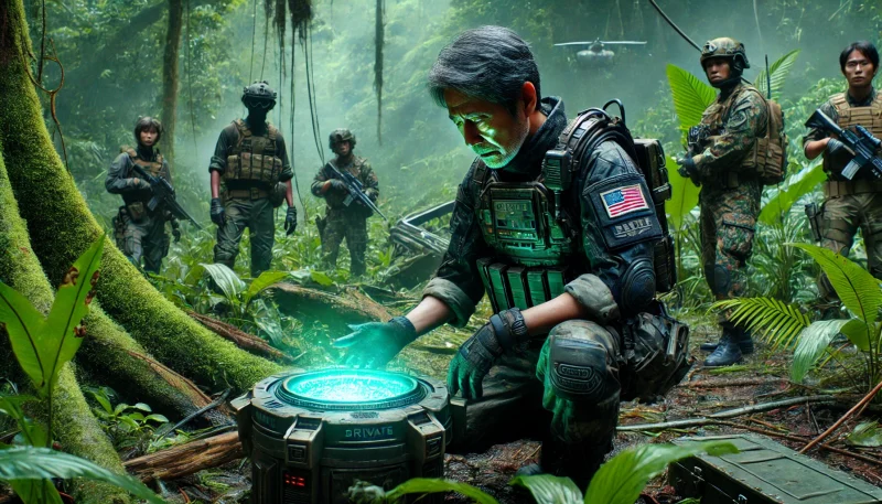 密林でプレデター技術を回収する私設軍事部隊の一員として行動する中年の日本人男性。彼の手にはエイリアンの武器のような未知のデバイスが握られている。