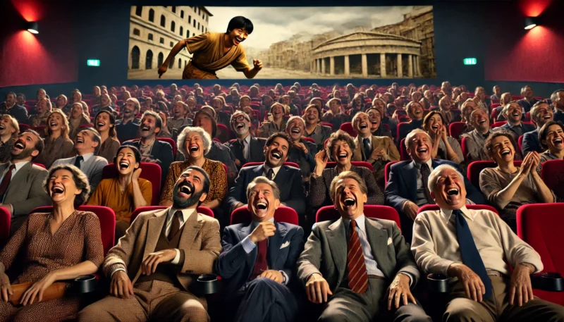 イタリアの映画館で、日本のコメディ映画『テルマエ・ロマエ』を観て大笑いする観客たちの様子。赤い座席に囲まれ、愉快なシーンに爆笑する人々の表情が印象的な場面。