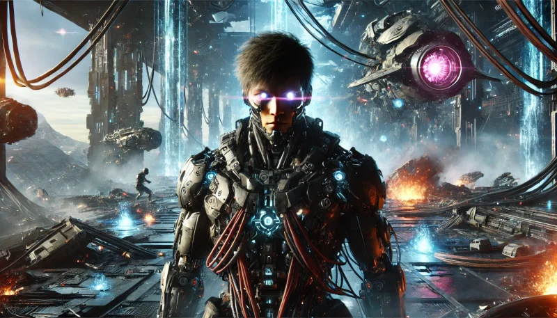 サイボーグ化された日本人兵士が、エイリアンと戦う未来都市の戦場に立つ。義肢や強化装甲を装着し、SF的な兵士の姿が描かれている。