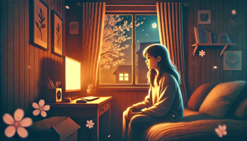 夜の部屋でコンピューターの光に照らされながら一人座る少女。窓の外には桜の花が舞い、内面の葛藤と静かな孤独を表現する情緒的な室内シーン