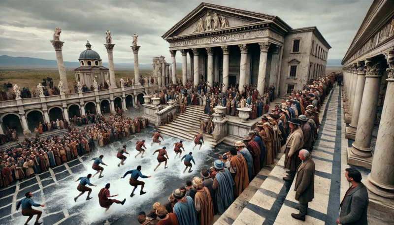 ブルガリアで再現された壮大な古代ローマのセットと、滑稽な演出が共存する、スケール感とシュールなギャップを描いた映画的なシーン