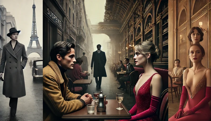左側にシンプルなパリのカフェで見つめ合う男女、右側に豪華なヴェネツィアで華やかに着飾った二人のシーンを対比。原作とリメイクの演出の違いを視覚的に表現。