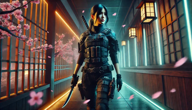 ネオンサイバーパンク風の通路で、短剣を持ち戦闘態勢をとる近未来装備の日本人女性の姿。桜の花びらが舞う中、緊張感のある構図。