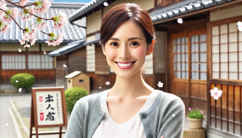 伝統的な旅館の前で微笑む現代的な日本人女性。桜の花びらが舞う中、物語のヒロインらしい親しみやすさを持った人物が描かれている。