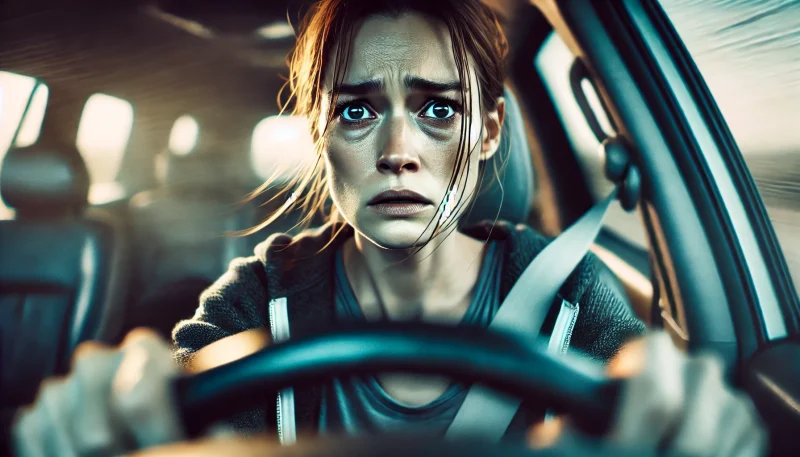 運転席でハンドルを握りしめるシングルマザーのクローズアップ。決意と恐怖が入り混じった表情が、母親の執念を象徴している。