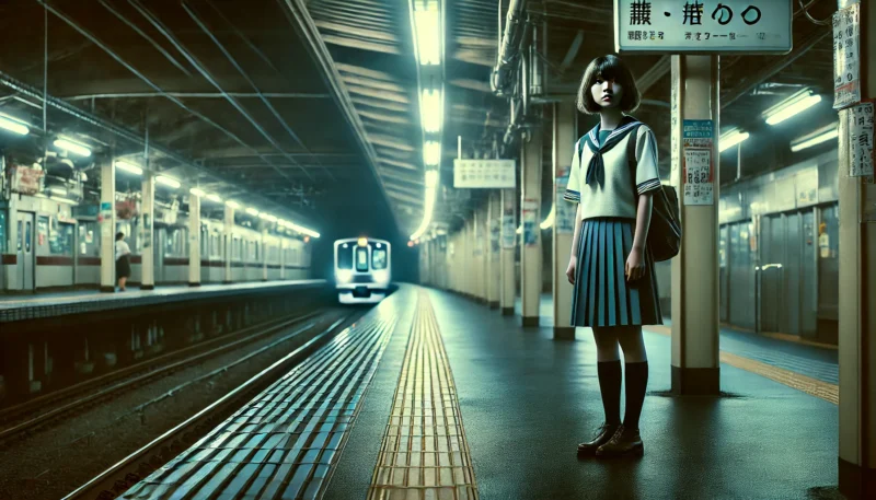 夕暮れの静かな日本の駅で、不穏な気配を感じて立ち止まる女子高生。時間の歪みを示すような空気の揺らぎが線路上に漂う情景