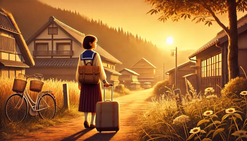 朝焼けの中、スーツケースを持った少女が田舎の家を後にし、寮のある学校へ向かう姿。自立と成長への旅立ちを象徴する、希望に満ちた情景。