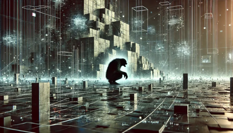 仮想世界を象徴する匿名的で暗いデジタル空間に、影に身を潜める獣の姿が描かれた象徴的なシーン。社会的トラウマと心理的孤立をデジタル環境で表現している。