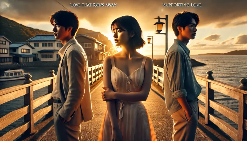海辺の夕暮れで、一人の女性と二人の男性が織りなす三角関係の葛藤を象徴するシーン。対照的な「逃げる愛」と「支える愛」を描いたドラマチックな構図