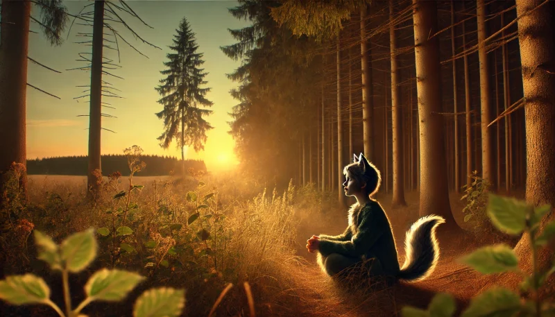 - 思春期の少女が森の入り口に一人で座り、遠くの町と森の奥へ続く分かれ道を見つめている場面。少女には小さな狼の耳と尻尾があり、選択と自立の象徴として描かれている。