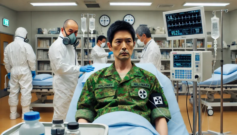 放射線治療を受けるアジア系男性が、軍の隔離病棟で医師に囲まれて診察を受けているシーン。背景には高機密の医療装置や監視カメラが設置されている。