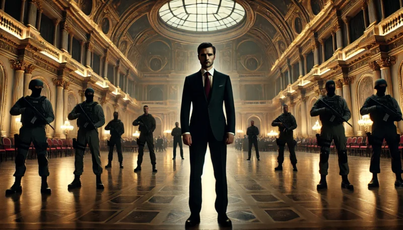 - 歴史的なヨーロッパ建築の室内で、スーツ姿の男が捜査官たちと冷静に対峙する場面。あっさりとした結末とサスペンス性の欠如を視覚的に表現している。