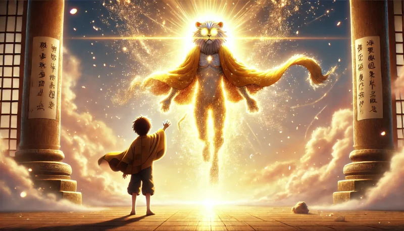 光の中に消えていく熊のバケモノと、涙を流しながら手を伸ばす少年が描かれた感動的なアニメ風ラストシーン