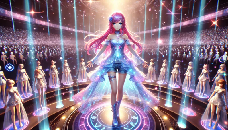 仮想世界<U>の中でライブパフォーマンスを行うベルをイメージした、未来的なステージに立つアニメ風の女性歌手のシーン。