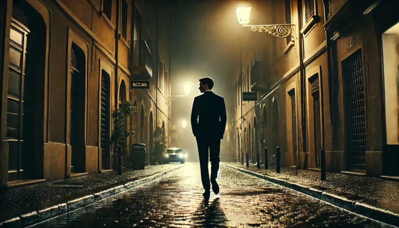 夜のヨーロッパの静かな裏路地をスーツ姿の男性が一人歩くシーン。緊張感やスピード感に欠ける演出が、映画『ツーリスト』の緩慢なプロットを象徴している。