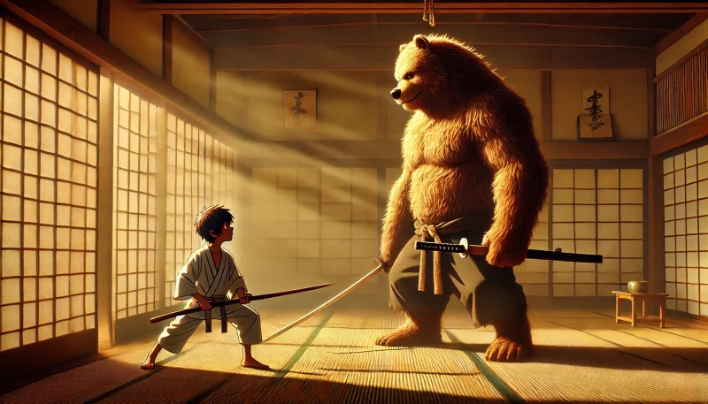 木刀を使って道場で修業に励む少年と熊のようなバケモノの師弟関係を描いたアニメ風シーン