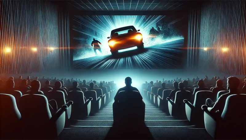 暗い映画館の中で観客たちがスクリーンを見つめているシルエット。スクリーンには緊迫したカーチェイスが映し出されており、観客の集中した雰囲気が伝わる。