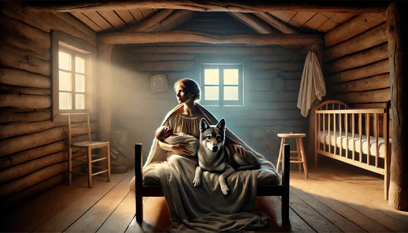 自然の中で出産を終えた若い母親が、小さな木造の部屋のベッドで二人の赤ちゃんを抱きしめている姿。赤ちゃんにはおおかみの耳や尻尾があり、幻想的な要素とリアルな母性が融合した描写。
