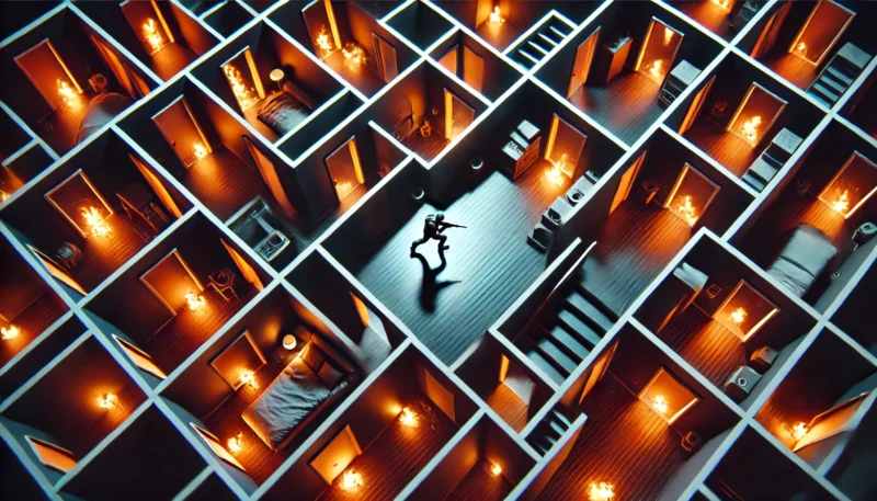 燃えるアパートの間取りを真上から見下ろした構図。戦士が火花と煙に包まれながら戦術的に移動しており、ビデオゲームのような視覚的演出が強調されている。