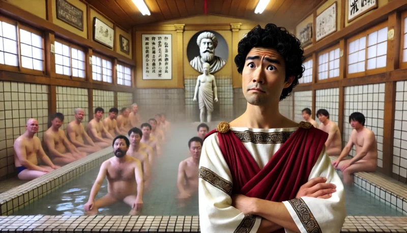 ローマ時代の衣装を着た男性が、日本の現代的な銭湯で戸惑った表情を浮かべる様子。湯けむりの中に、日本人入浴客が背景に見える、文化のギャップを象徴する一枚。