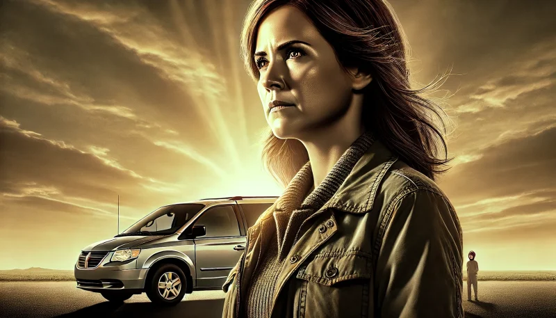 ミニバンの前に立ち、夕暮れ空を背に強い決意のまなざしを向ける女性主人公。母としての執念と感情の強さを象徴的に描いたトリビュート風の構図。