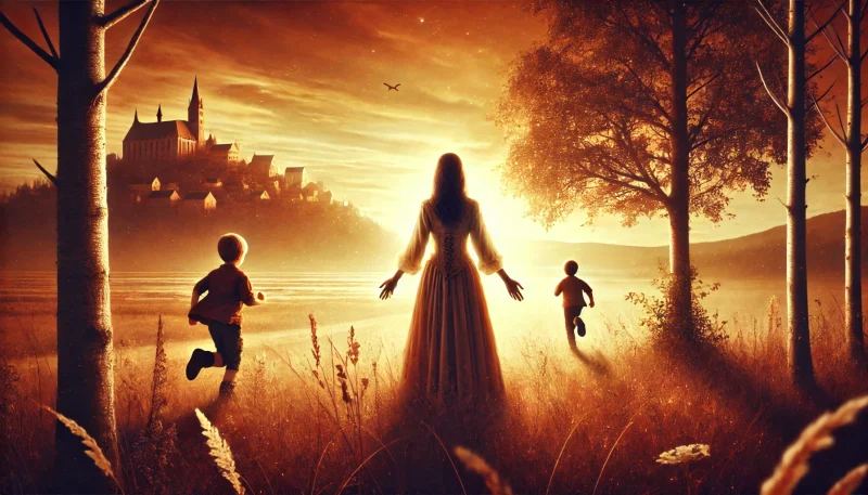夕暮れの野原の端で静かに立つ母親が、森へ向かう子と町へ向かう子、それぞれ違う道を歩み始める我が子を見送っている情景。親が子を信じて手放す、愛と成長の象徴的な描写。