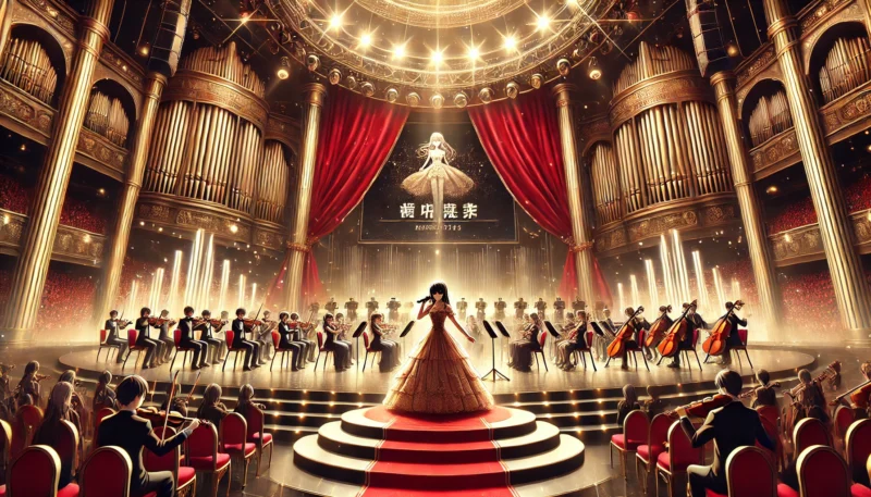 華やかな音楽賞授賞式の舞台で、女性歌手がオーケストラを背に堂々と立つ場面。赤いカーテンと金色の照明が受賞の栄誉を演出する印象的なシーン。
