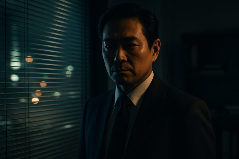 夜のオフィスでブラインド越しの光を受け、険しい表情で思惑を秘めたように佇むスーツ姿の