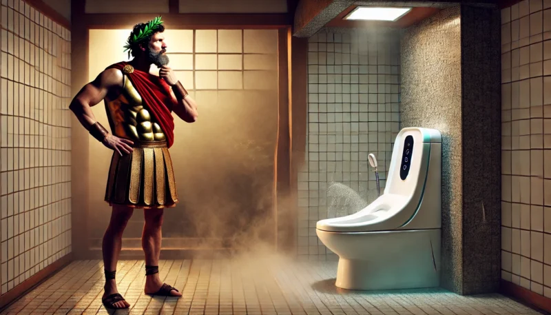 古代ローマ人の姿をした男性が、日本の近代的な銭湯で高機能トイレに驚いているシーン。ローマと現代日本の文化ギャップを視覚的に表現したユニークな構図。