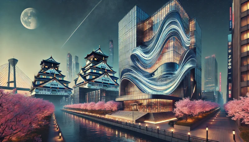 ガラス張りの現代的建築の背後に、大阪城や桜、ネオンの高層ビルが融合した幻想的な“ネオ・オオサカ”の街並み。