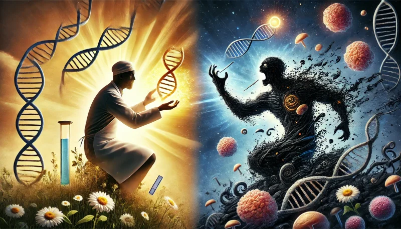 一方で命を創造し他方で破壊をもたらすエンジニアの二面性を描いたSF的構図。背景は穏やかな創造から混沌の破壊へと移り変わる。