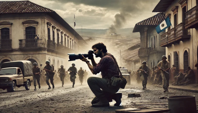 中米の内戦下で、報道カメラマンが崩れた建物の前で緊迫した場面を撮影している様子。背景には煙と走る兵士が映る。