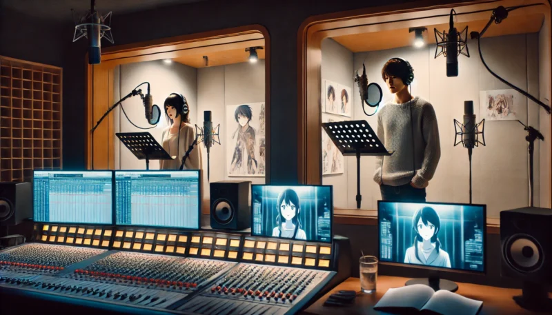 　日本の声優スタジオで、別々のブースに立って真剣にアフレコを行う2人の声優。背景にはキャラクター資料が貼られている。
