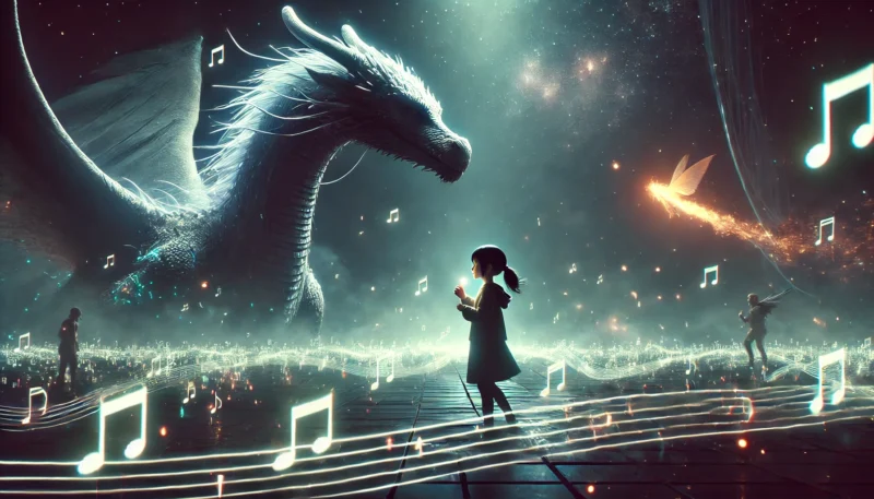 竜とそばかすの姫 けいくん:ベルが歌う光の中で竜が佇むシーン。心が通じ合う瞬間