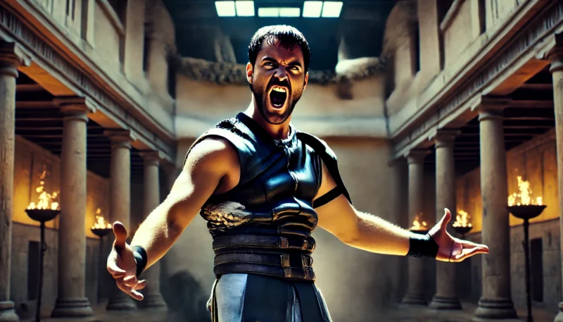 古代ローマの浴場で全身を使って感情を表現するカリスマ的なローマ人男性が登場する、演技力と存在感を強調した劇場風の場面
