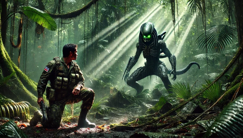 中央アメリカのジャングルで、軍服を着た日本人男性が迷彩状態の異星人ハンターと対峙している緊迫したシーン。葉の隙間から差し込む光が戦場の緊張感を演出している。