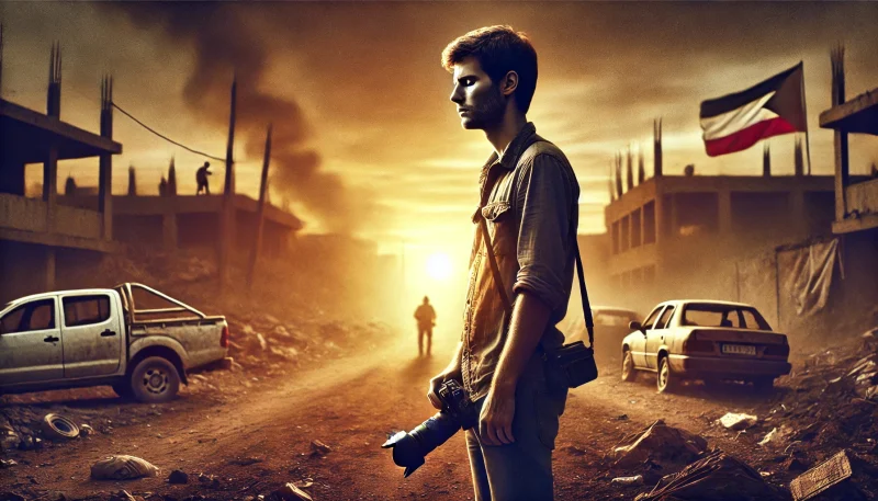 夕暮れの戦場跡で、カメラを手に静かに佇む報道カメラマン。煙が立ち上る背景と瓦礫が、彼の内面の葛藤を象徴している。