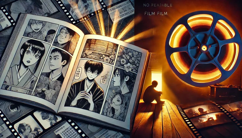 マンガのデフォルメ表現と映画のリアリズムが対比された象徴的構図。左には開いたマンガページ、右には暗く現実感ある映画シーンが描かれ、二つのメディアの表現手法の違いが際立っている。