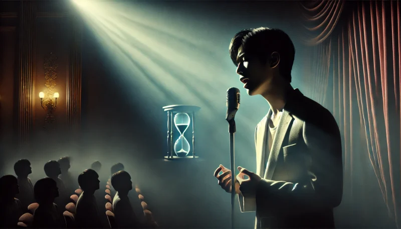 暗いステージでスポットライトに照らされながら「好きにならずにいられない」を切なく歌う日本人男性歌手。観客は影に包まれ、彼の表情は悲しみと諦念に満ちており、ステージ背景には時の終わりを象徴する淡い砂時計が描かれている。