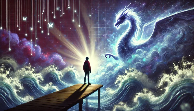 仮想世界の海辺に立つ少女が、光を放つ巨大な竜のアバターと対峙している幻想的な場面。デジタル世界の象徴的な緊張と勇気を表現