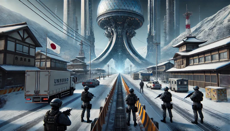 冷戦下を思わせる分断された日本の国境地帯と、ユニオン塔がそびえる未来的な風景