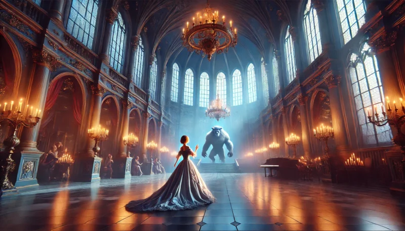 ゴシック様式の大広間で歌う女性と、遠くから見守る獣の姿が描かれた幻想的なシーン。『美女と野獣』を想起させる構造に未来的な要素を加味したバーチャル風の世界観を表現している。