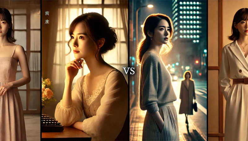 ドラマ版の感情的でノスタルジックな女性像と、映画版の強い決意を感じさせる現代的な女性像を対比的に描いた、2人の女性主人公のキャラクター比較ビジュアル