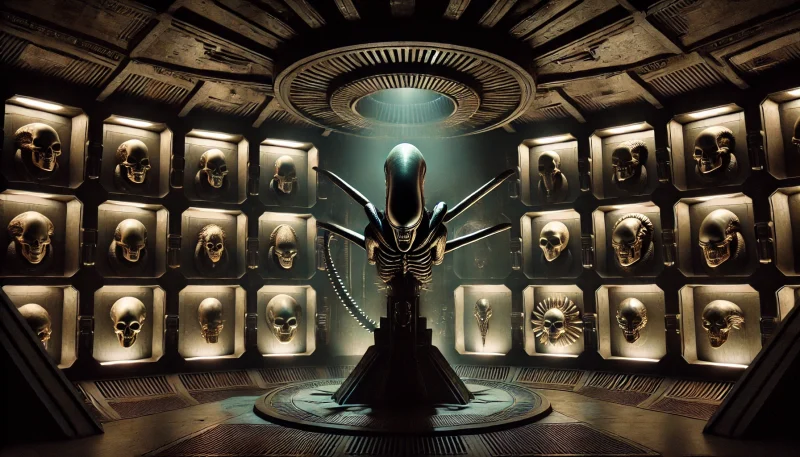 宇宙船内部の薄暗いトロフィールームに並べられた異星生命体の頭骨コレクション。儀礼的に配置された骨が、プレデターの狩猟文化の神秘性と知性を象徴している。