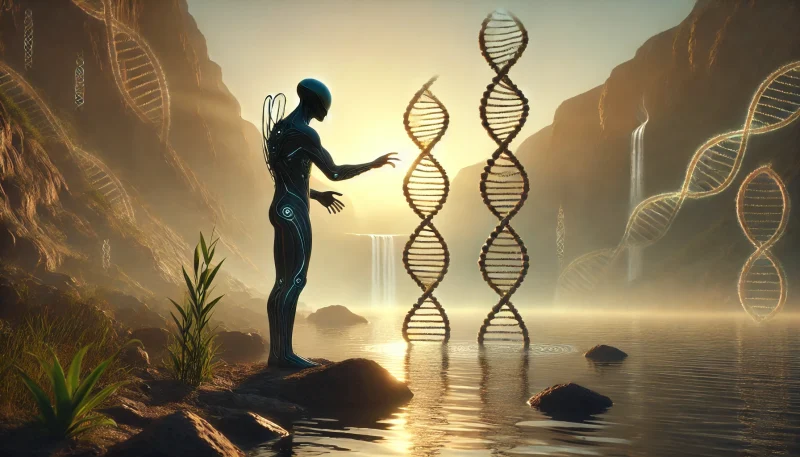 夜明けの川辺で儀式的な動作をとるエンジニアのシルエットと、水に流れ込むDNA構造が象徴する生命創造の瞬間を描いた象徴的なSFシーン。