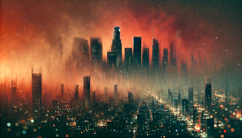 スモッグに覆われた近未来の都市を抽象的に描いたイメージ。崩壊寸前の都市が現代社会への風刺として暗示されている。