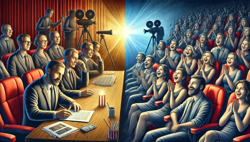 暗い室内で真剣な表情で映画を評価する批評家たちと、感情的に映画を楽しむ観客たちが対比的に描かれている象徴的なビジュアル。評価の分断を視覚的に表現している。