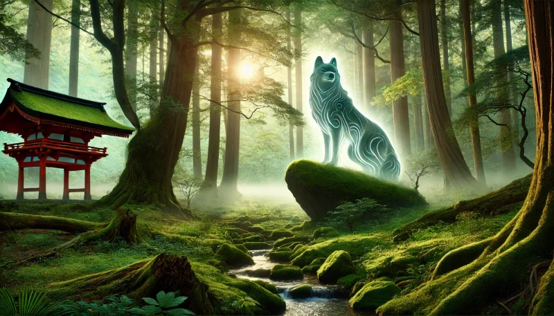 日本の神秘的な森に立つ古代の狼の霊が、苔むした岩の上から森を見守る姿。薄い霧と木漏れ日の中で、自然の守護者としての威厳と静けさを象徴する幻想的な構図。